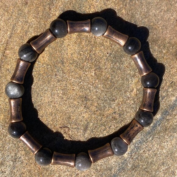 Wanderer and Gatherer Bracelet - Silver Obsidian and Bamboo brass bead SM-MED - Picture 2 of 5